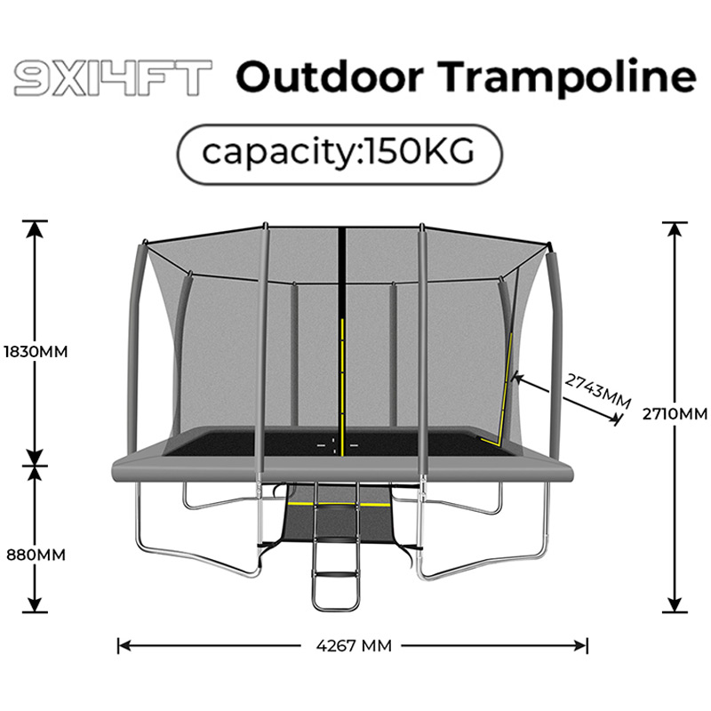 9x14ft Rectangular Trampoline with Safety Enclosure Grey