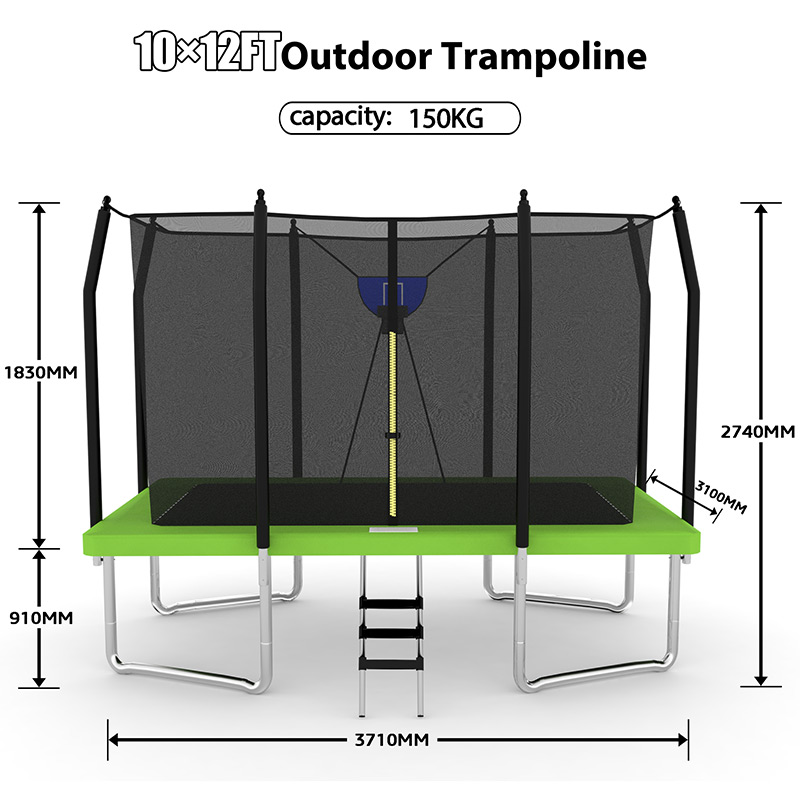 10x12ft Rectangular Trampoline with Safety Enclosure Green FREE Ladder & Basketball Game