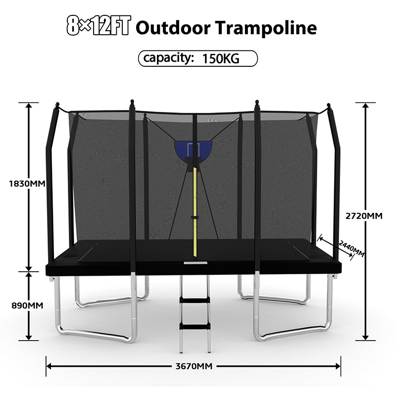8x12ft Rectangular Trampoline with Safety Enclosure Grey FREE Ladder & Basketball Game