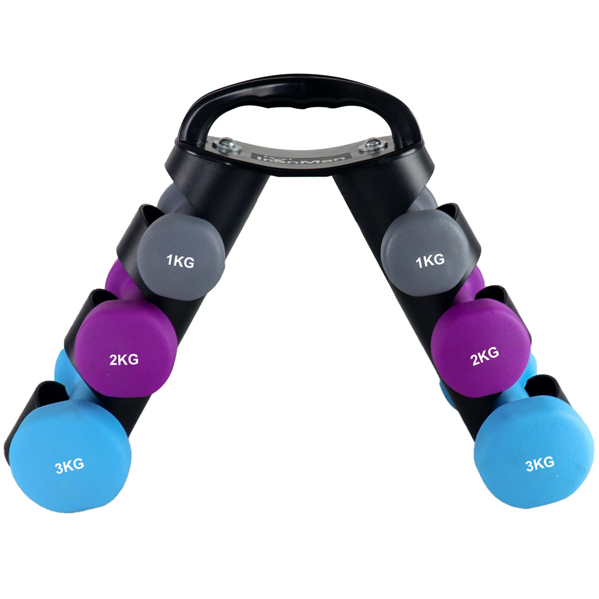 IronMan Neoprene Coated Cast Iron Dumbbell Set with Carry Rack